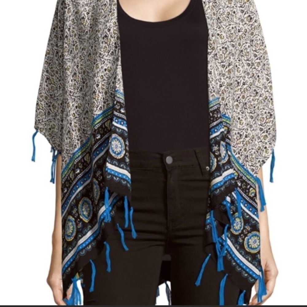 Blue Floral Paisley Open Front Fringe Tassel Lightweight Kimono Shrug Coverup